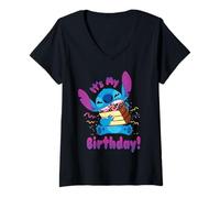 Womens Disney Stitch "It's My Birthday" Party Crasher with Cake V-Neck T-Shirt