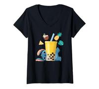 Women's Disney Stitch Loves Boba Tea Tropical Beach Summer Vacation V-Neck T-Shirt