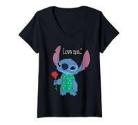 Womens Disney Stitch Valentine's Day with Rose "Love Me..." V-Neck T-Shirt
