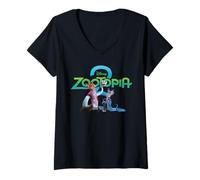 Womens Disney Zootopia 2 Poster Art with Nick Judy Gary & Logo V-Neck T-Shirt