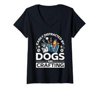 Women's Distracted By Dogs and Crafting Crafter Creative Hobby V-Neck T-Shirt
