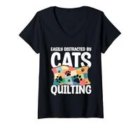 Women's Distracted By Quilting and Cats Lover Quilt Maker Hobby V-Neck T-Shirt