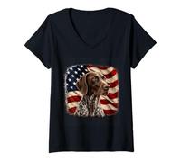 Women's Distressed 4th July American Flag German Shorthaired Pointer V-Neck T-Shirt