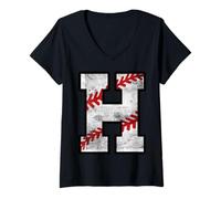 Women's Distressed Baseball Letter H V-Neck T-Shirt