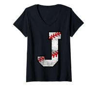 Women's Distressed Baseball Letter J V-Neck T-Shirt