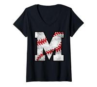 Women's Distressed Baseball Letter M V-Neck T-Shirt