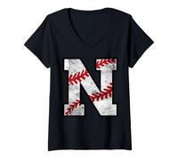 Women's Distressed Baseball Letter N V-Neck T-Shirt