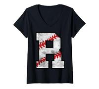 Women's Distressed Baseball Letter R V-Neck T-Shirt