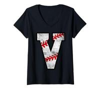 Women's Distressed Baseball Letter V V-Neck T-Shirt