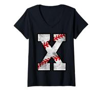 Women's Distressed Baseball Letter X V-Neck T-Shirt