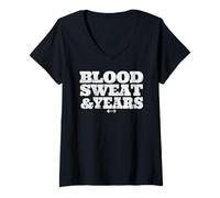 Women's Distressed Clasic Blood, Sweat and Years Weightlifting Dad V-Neck T-Shirt