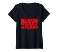 Women's Distressed Clasic Blood, Sweat and Years Weightlifting Dad V-Neck T-Shirt