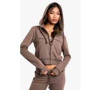 Womens Distressed Detail Shrunken Zip Through Hoodie - Brown - Xl, Brown