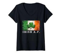 Women's Distressed Irish Shamrock, Ireland Flag Clover, Irish A.F. V-Neck T-Shirt