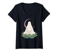 Women's Distressed Meditating Ghost Lotus Moon Mystical Halloween V-Neck T-Shirt