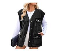 Women's Distressed Oversized Denim Vest Mid Long Sleeveless V Neck Jean Waistcoat Jacket