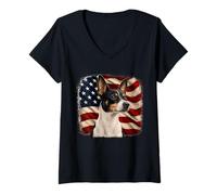 Women's Distressed Patriotic 4th July American Flag Rat Terrier V-Neck T-Shirt