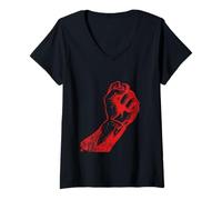 Women's Distressed Red Clenched Hand Graphic Art Solidarity Activism V-Neck T-Shirt