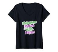 Womens Distressed Shakespeare Makes Brain Happy Humorous Slogan V-Neck T-Shirt