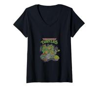 Women's Distressed TMNT Group Pose with Logo V-Neck T-Shirt