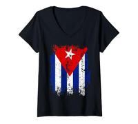 Women's Distressed Vertical Cuban Flag Graphic in Gritty Retro Style V-Neck T-Shirt
