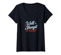 Womens Distressed Well Sheeyit Patriotic Southern Cursive USA Style V-Neck T-Shirt