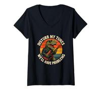 Womens Disturb My Tunes Funny Guitar Dino V-Neck T-Shirt