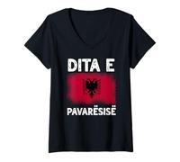 Womens Dita E Pavaresise Happy Independence Day Albania Flag V-Neck T-Shirt