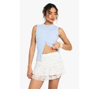 Womens Ditsy Floral Lace Trim Hem Ruffle Mini Skirt - White - 10, White