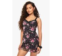 Womens Ditsy Floral Lace Trim Mesh Slip Dress - Black - 14, Black