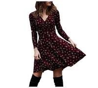 Womens Ditsy Floral Midaxi Tea Dress - Long Sleeve V-Neck Frilly Ruffle A-Line Dresses - Elegant Wedding Guest Occasion Wear Smart Casual Ladies Party Afternoon Tea Flowy Tiered Boho Wine