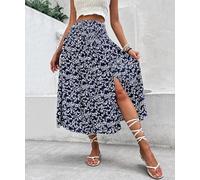 Women's Ditsy Floral Midi Skirt-High Waist Smocked Side Split Flowy A Line Summer Skirt for Beach Vacation Casual Daily Wear