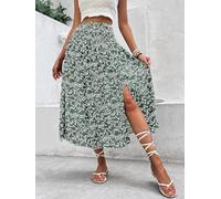 Women's Ditsy Floral Midi Skirt-High Waist Smocked Side Split Flowy A Line Summer Skirt for Beach Vacation Casual Daily Wear
