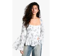 Womens Ditsy Floral Print Corset Bust Flutter Sleeve Blouse - Blue - 8, Blue