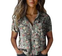 Womens Ditsy Floral Short Sleeve Shirt V Neck Button Down Blouse Summer Casual Boho Tops Ladies Loose Fit Vintage Flower Tunic Shirts