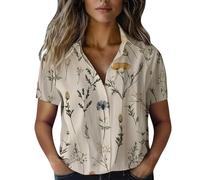Womens Ditsy Floral Short Sleeve Shirt V Neck Button Down Blouse Summer Casual Boho Tops Ladies Loose Fit Vintage Flower Tunic Shirts Beige L