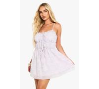 Womens Ditsy Floral Textured Ruched Tie Mini Smock Dress Lilac 10