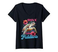 Womens Dive The Maldives Sea Turtle And Hibiscus V-Neck T-Shirt