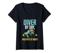 Womens Diver by Day Mermaid by Night Divers Dive Scuba Diving V-Neck T-Shirt