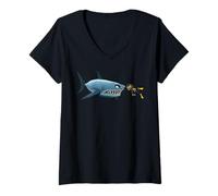 Womens Diver vs Shark Cartoon tee for Marine Lovers, Thrill-Seekers V-Neck T-Shirt