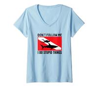Women's Diving Shark Dont Follow Me I Do Stupid Things Scuba Diver V-Neck T-Shirt