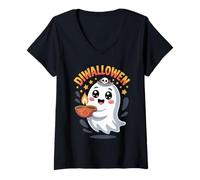 Womens Diwalloween Funny Diwali Halloween Ghost Cute Indian Desi V-Neck T-Shirt