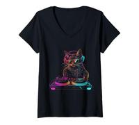 Womens DJ Cat EDM Techno House Music Funny Cat Lover V-Neck T-Shirt