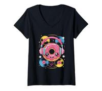 Womens Dj Food Music Donut Headphones Groove V-Neck T-Shirt
