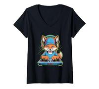 Womens Dj Fox Mix It Up with Style and Groove V-Neck T-Shirt