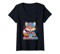Womens Dj Fox Rocking The Decks Musical Vibes V-Neck T-Shirt