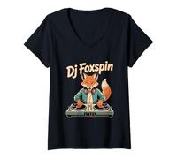 Womens DJ Foxspin Retro Turntable Fox Music Producer Scene V-Neck T-Shirt