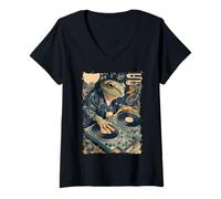 Womens DJ Frog Ukiyoe - Kanji Japan Aesthetic V-Neck T-Shirt