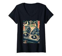 Womens DJ Frog Ukiyoe - Kanji Japan Aesthetic V-Neck T-Shirt