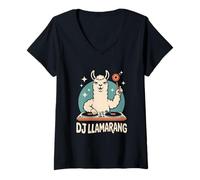 Womens DJ LLAMARANG Funny Llama DJ Rave Festival Club V-Neck T-Shirt